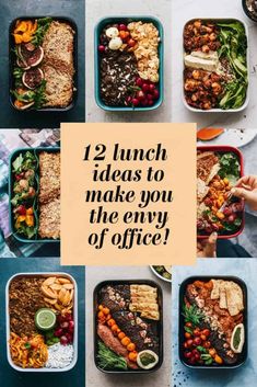 a collage of different lunch boxes with the words, 12 lunch ideas to make you the envy of office