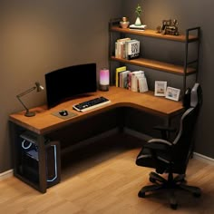 a corner desk with a computer monitor and keyboard on it in front of a bookshelf