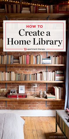 a bookshelf filled with lots of books in front of a brick wall and wooden floor