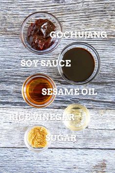 the ingredients to make homemade soy sauce on a wooden table with text overlay that reads, how to make soy sauce