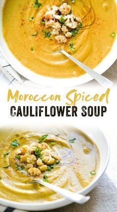 two bowls of moroccan spiced cauliflower soup