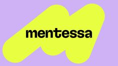 the word mentessa on a purple and yellow background with black letters in it