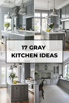 gray kitchen cabinets with white counter tops and wooden floors in the middle, surrounded by windows