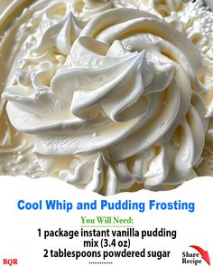 a close up of a plate of food with whipped cream on it and the words cool whip and pudding frosting