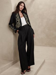 Jadia Embroidered Cropped Jacket | Banana Republic Jacket For Dress, Charro Suit, Lesbian Suit, Filipiniana Dress, Lesbian Fashion, Queer Fashion, Embroidered Pants, Open Front Jacket, Embroidered Clothes