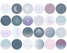 a collection of different circular shapes with stars and moon in the middle, on a white background