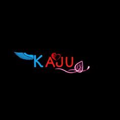 the word kaju written in neon colors on a black background with wings and leaves