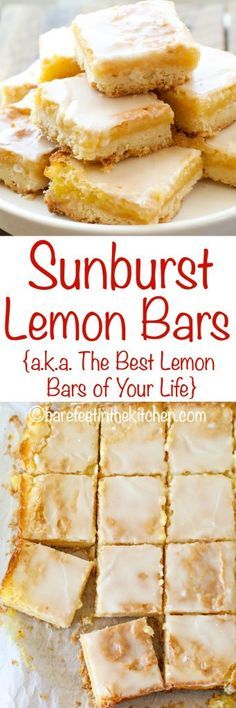 lemon bars are stacked on top of each other with the words, sunburst lemon bars