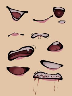 an image of mouth expressions with blood on it's cheeks and teeth, all drawn in different ways