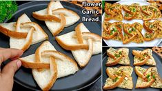 the process of making flower garlic bread is shown in three different stages, including being cut into pieces