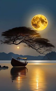 a boat floating on top of a body of water under a moon filled sky next to a tree