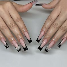 Popxstar 24Pcs Long Ballet False Nail Black French Simplicity Fake Nail Wearable Coffin Press on Na Nail Black, Full Cover Nail Tips, Nails Medium Length, French Tip Press On Nails, China Nails, Black French Tips, Press On Nails Medium, Coffin Press On Nails