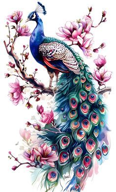 a peacock sitting on top of a tree with pink flowers in its beak and tail