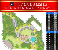 the procreate brushes for trees and shrubs are being used to create this landscape