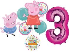 peppa pig 3rd birthday balloon bouquet with foil balloons and number 3 decorationatings