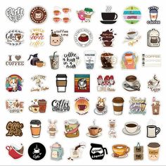 various coffee stickers are shown in this image, with the words coffee and cups on them