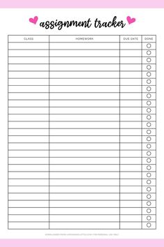 the printable assignment tracker is shown with hearts on it