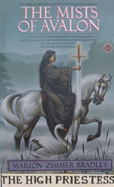 the mists of avalon by marion zimmer bradley book cover with an image of a man on a horse