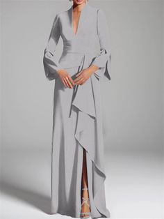 Sheath/Column V-Neck Floor-Length Mother of the Bride Dresses Mother Of Bride Midi Dress, Chic Gray V-neck Maxi Dress, Fitted Gray V-neck Maxi Dress, Elegant Gray V-neck Dress, Gray V-neck Dress, Elegant Long Gray Dress, Gray Long Sleeve Maxi Dress For Party, Gray Formal Maxi Dress, Elegant Gray Long Sleeve Maxi Dress