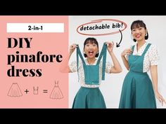 two women wearing green aprons and holding up their hands with the words diy pinafore dress below them