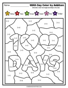 the 100th day color by addition worksheet is shown with numbers and stars on it