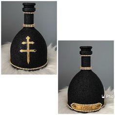 a black and gold bottle with a cross on the top is shown in three different angles