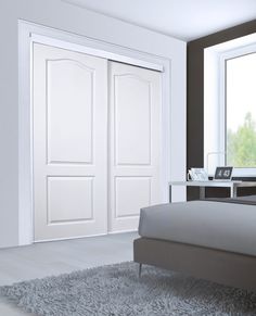 Bright White Steel Frame Bypass Closet Door - Renin Savona 2 Panel Arched Design Bypass Closet Door, Bypass Closet Doors, Wood Sliding Closet Doors, 2 Panel Door, Closet Door Handles, Office Doors, Arched Design, Closet Door Hardware, Pantry Makeover