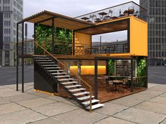 an image of a house made out of shipping containers with stairs leading up to the second floor