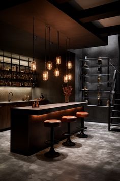 a bar with stools and lights hanging from it's ceiling in a dimly lit room