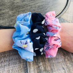 Hair Scrunchies Are Back In Style! Wear In Your Hair Or As Beautiful Arm Candy. Set Of 3 Patterned Rayon Scrunchies. Scrunchies Are 1 1/2" By 4". Double Headband, Teeth Clip, Bow Tie Hair, Ponytail Wrap, Beautiful Arms, Lululemon Headbands, Accessories Blue, Hair Supplies