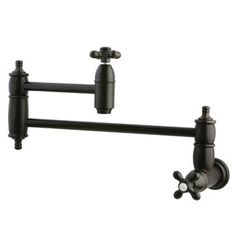 an image of two faucets on the wall in black finish with metal handles