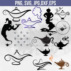 the silhouettes of different teapots and saucers are shown in this graphic file