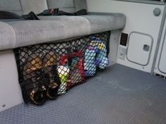 the inside of a vehicle with several items in it