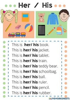 a poster with the words her / his and other things to say in english on it