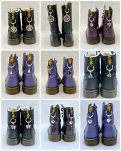 "Welcome to some of my selection of Doc Marten charms 🤗 LISTING REVAMPED 04.11.2023 - I hope you like the new style! For ease of searching the listings I shall tag them as \"Docs Pentagram\", \"Docs Skull\" etc.  Your search within the shop should bring up what you are looking for using the search style as above.  If not, then I may not yet have it listed. I shall keep adding listings as quickly as possible!  If there is something specific you require, please do message me and I shall see if I have a pendant readily available or order it in for you. Fitted with a stainless steel jump ring (for strength and longevity) onto a silver tone alloy decorative pendant bail and mounted on a platinum coloured zinc alloy spring O Rings measuring approximately 27mm outer diameter, 4mm thick with a 20 Decorated Doc Martens, Dm Boots, Martens Outfit, Dr Martens Outfit, Rave Clothes, Pendant Bail, Doc Martens Boots, Doc Marten, Pendant Bails