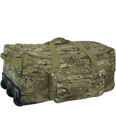 a large duffel bag with wheels on the front and side, all in camo