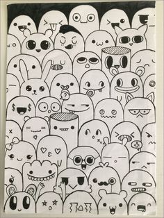 a black and white drawing of many different faces