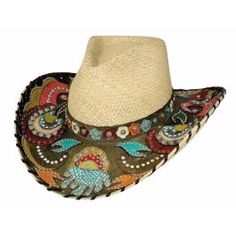 Liven up the night with the Gypsy Queen from Bullhide. A breathtaking design, this hat features an intricate, luxurious brim overlay combining traditional and top grain dyed leather to create a mural of pictures and designs. Its matching hat band is adorned with a colorful pattern of overlain flowers with metalwork studs. Sombrero Cowboy, Straw Cowgirl Hat, Queen Hat, Women's Motorcycle Boots, Colorful Hat, Straw Cowboy Hat, Painted Hats, Presents Ideas, Western Accessories