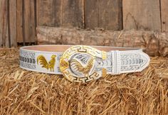 Unique handcrafted western leather belt with horse shoe design stitching and rooster belt buckle Western Embroidered Belt For Western-themed Events, Western Style Embroidered Belt, Southwestern Embroidered Belt For Rodeo, Embroidered Boots, Embroidered Leather, Leather Cowboy Boots, Western Leather, Leather Shoes Men, Suspender Belt