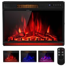 an electric fireplace with four remote controls on the side and three different color lights in front