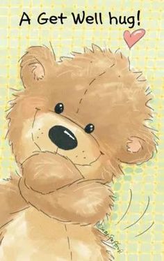 a brown teddy bear sitting on top of a green and yellow checkered background with the words, a get well hug