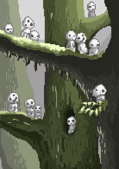 several little white skulls are sitting in the tree