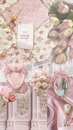 a collage with pink flowers and pictures