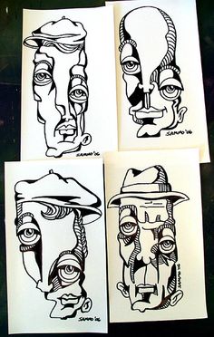 four black and white drawings of people with hats