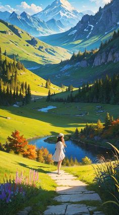 a painting of a woman walking down a path in the mountains