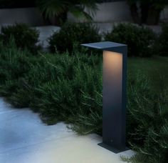 an outdoor light in the middle of a garden at night with grass and bushes behind it