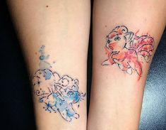 two people with matching tattoos on their arms, one has an angel and the other has a fish