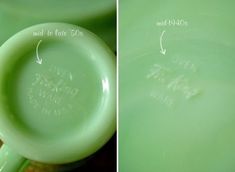 two pictures showing the inside and outside of a green vase with white writing on it