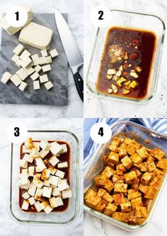 four pictures showing the steps to make tofu in glass casserole pans