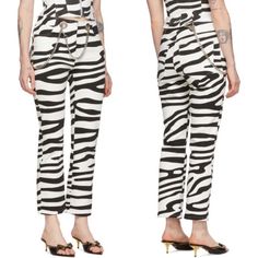 100% Authentic White/Black Colors Zebra Print Silver Large Grommet Trim At Waist 98% Cotton 2% Lycra Size 24 Waist Measures 13.5" Hips 16" Inseam 26" Retail $295 In Good Condition Zebra Pants, Zebra Pant, Pants Color, Zebra Print, Pant Jumpsuit, Black Color, White Black, White And Black, Straight Leg